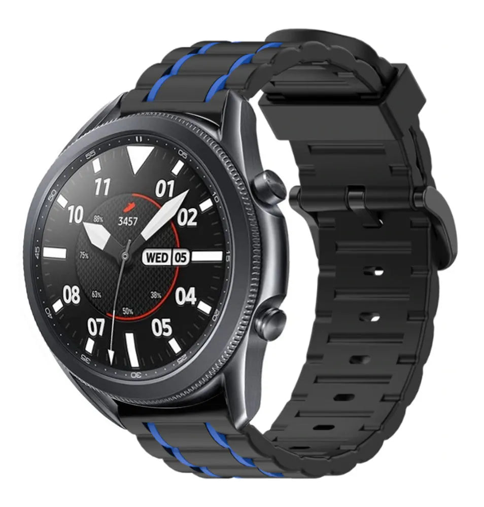 Silicone Sport Strap with Buckle, black/blue, on a watch, 3/4 front view