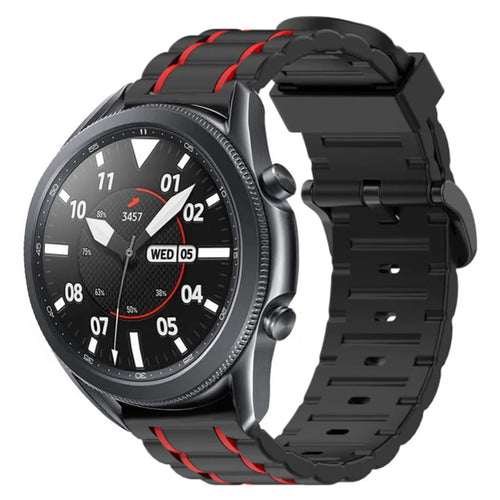 Silicone Sport Strap with Buckle, black/red, on a watch, 3/4 front view
