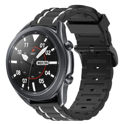 Silicone Sport Strap with Buckle, black/white, on a watch, 3/4 front view