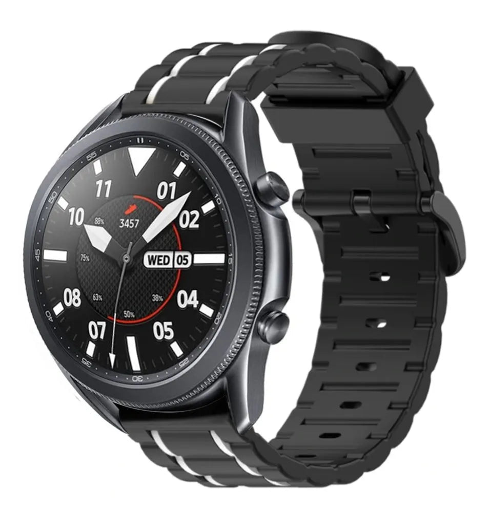 Silicone Sport Strap with Buckle, black/white, on a watch, 3/4 front view