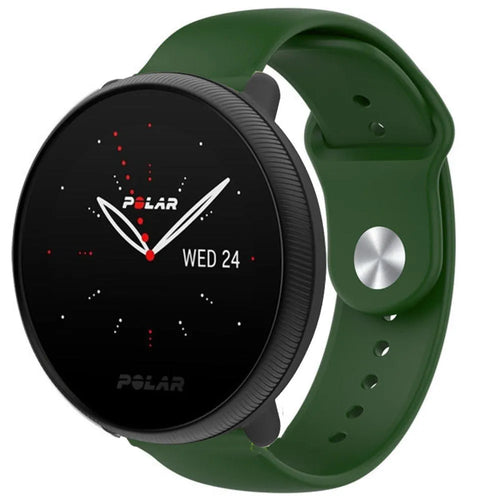 Silicone Sport Strap, army green, on a watch, 3/4 front view