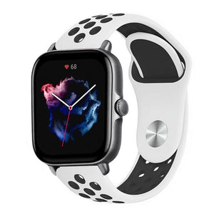 Silicone Sport Strap, white/black, on a watch, 3/4 front view