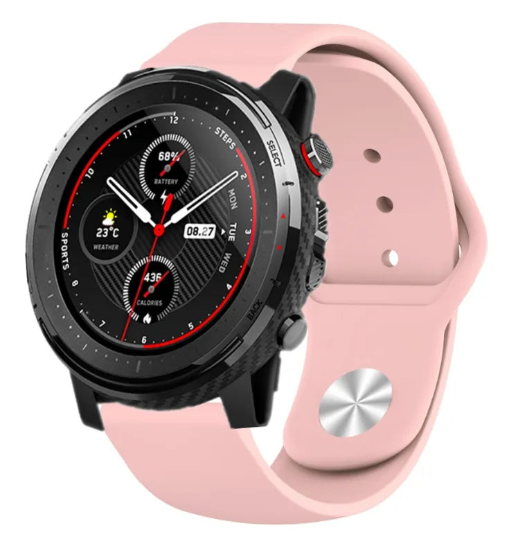 Silicone Sport Strap, pink, on a watch, 3/4 front view