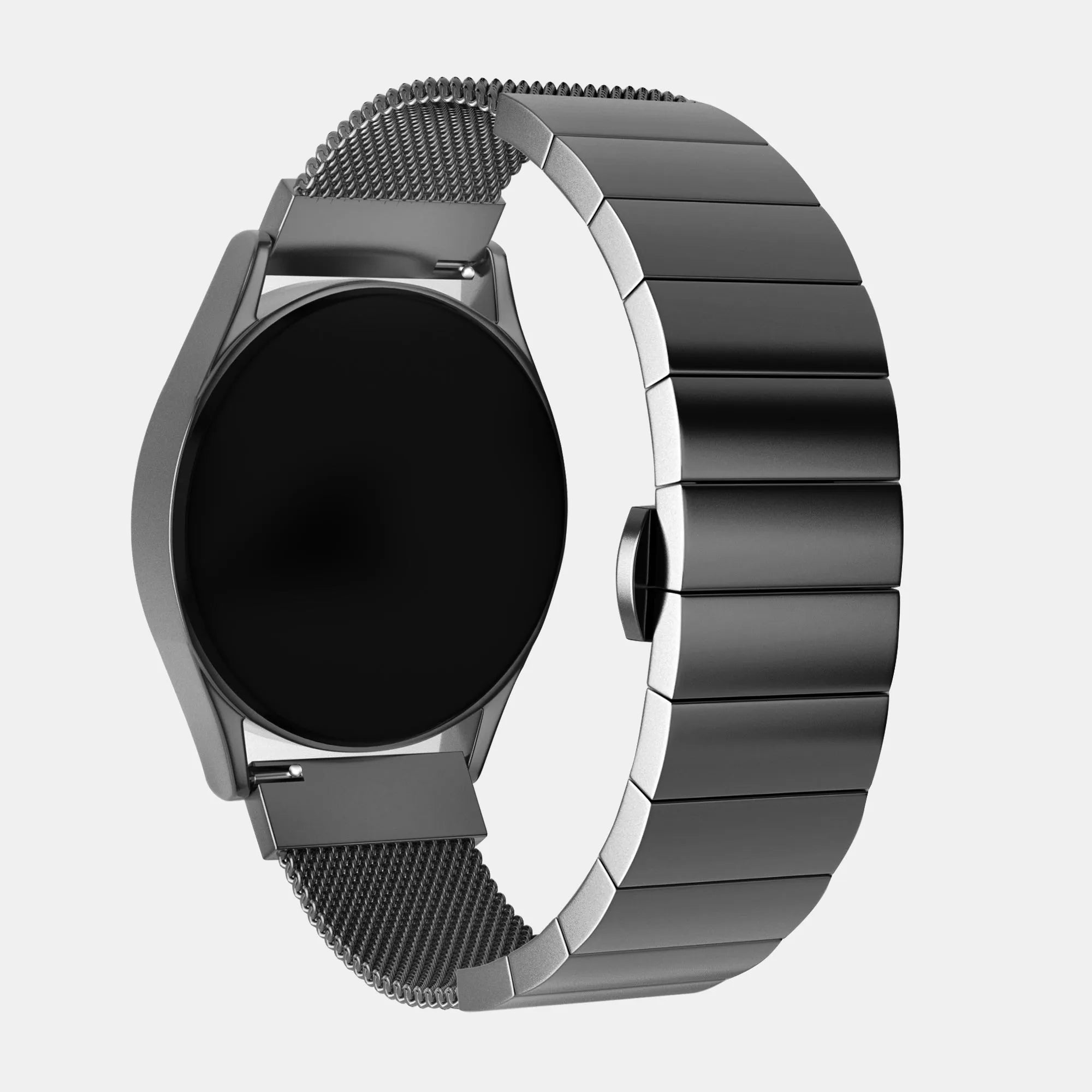 Milanese Steel Strap, black, on a watch, 3/4 front view