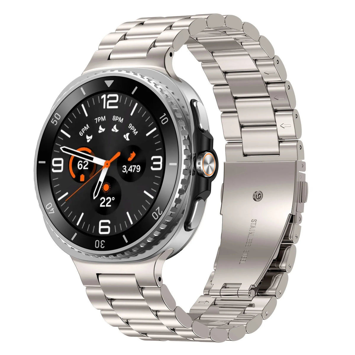 Steel Strap, starlight, on a watch, 3/4 front view
