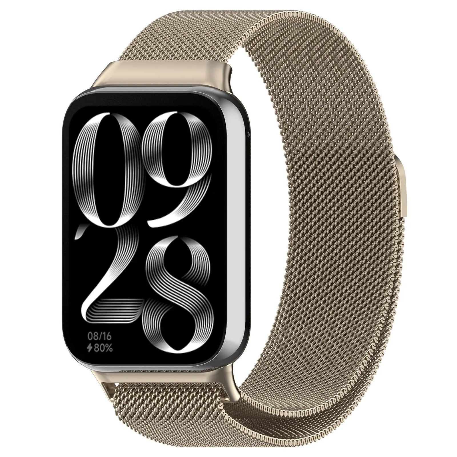 Milanese Strap, champagne, on a watch, 3/4 front view