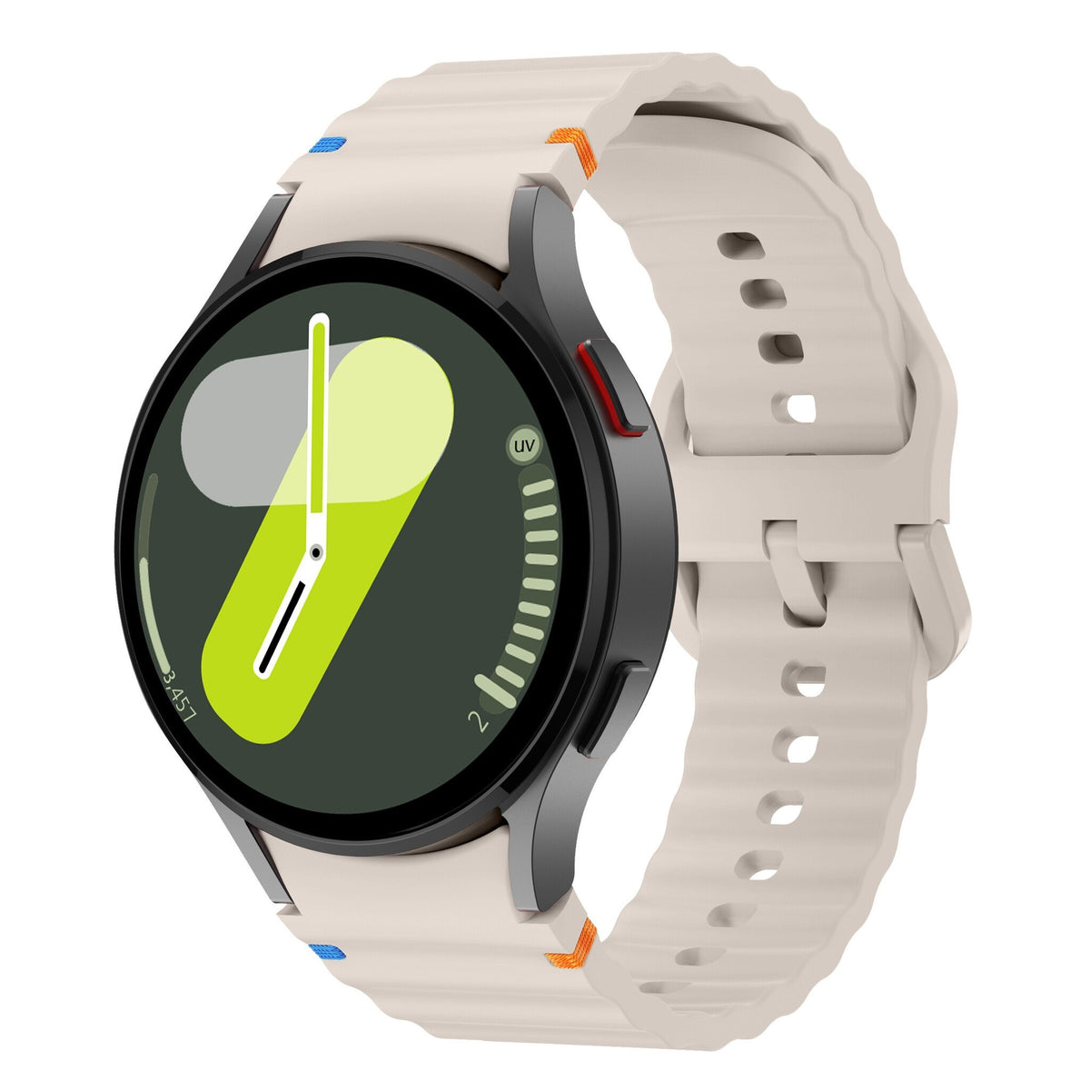 Wave Silicone Strap, starlight, on a watch, 3/4 front view