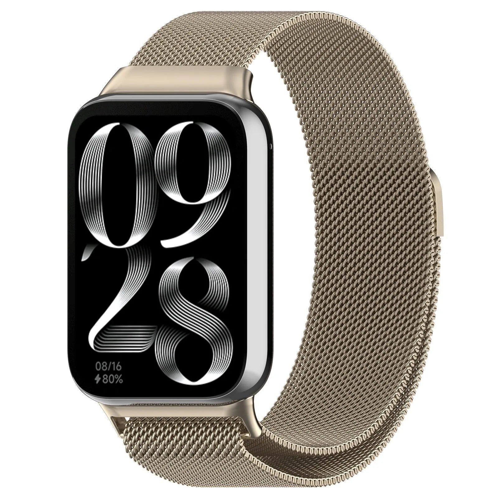 Milanese Strap, champagne, on a watch, 3/4 front view