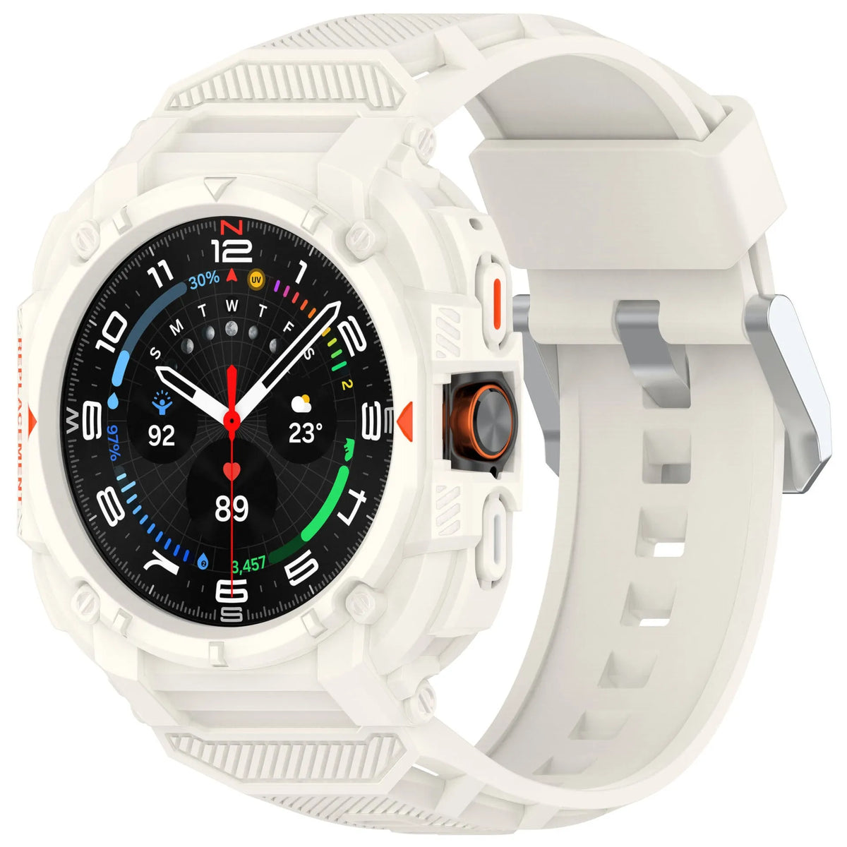 Silicone TPU Strap with Frame, ivory white, on a watch, 3/4 front view