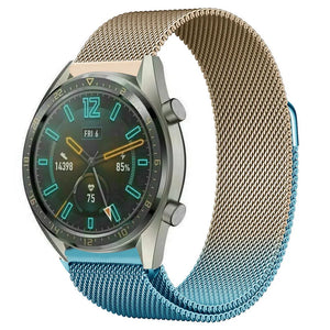 Milanese Strap, blue/gold, on a watch, 3/4 front view