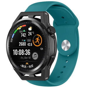Silicone Sport Strap, green-blue, on a watch, 3/4 front view