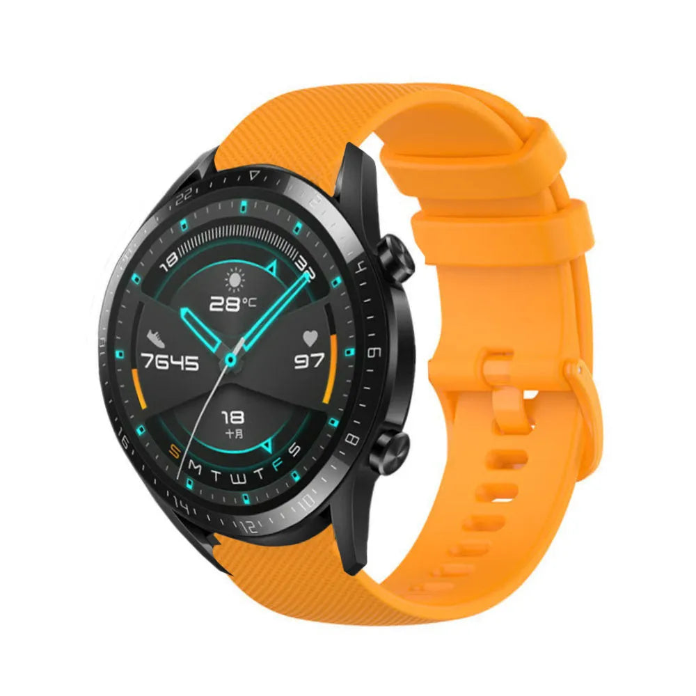 Premium Silicone Strap, orange, on a watch, 3/4 front view