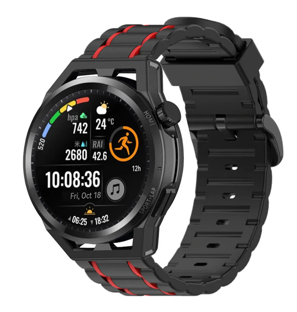 Silicone Sport Strap with Buckle, black/red, on a watch, 3/4 front view