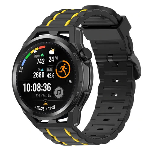 Silicone Sport Strap with Buckle, black/yellow, on a watch, 3/4 front view