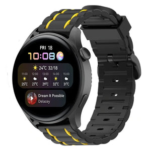 Silicone Sport Strap with Buckle, black/yellow, on a watch, 3/4 front view