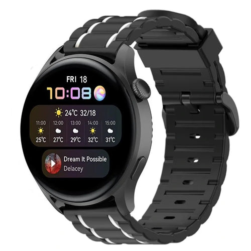 Silicone Sport Strap with Buckle, black/white, on a watch, 3/4 front view