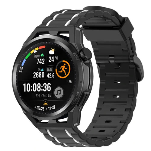 Silicone Sport Strap with Buckle, black/white, on a watch, 3/4 front view