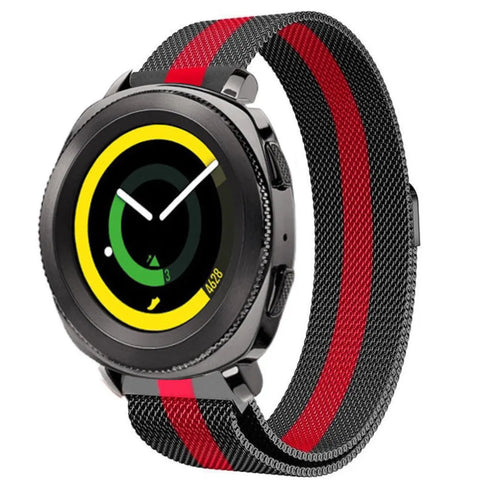 Milanese Strap, black/red, on a watch, 3/4 front view