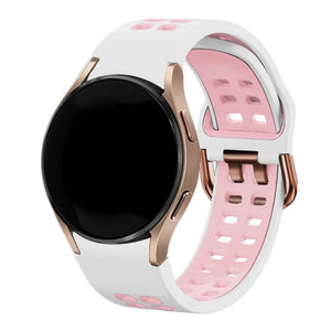 Silicone Squared Sport Strap, white/pink, on a watch, 3/4 front view