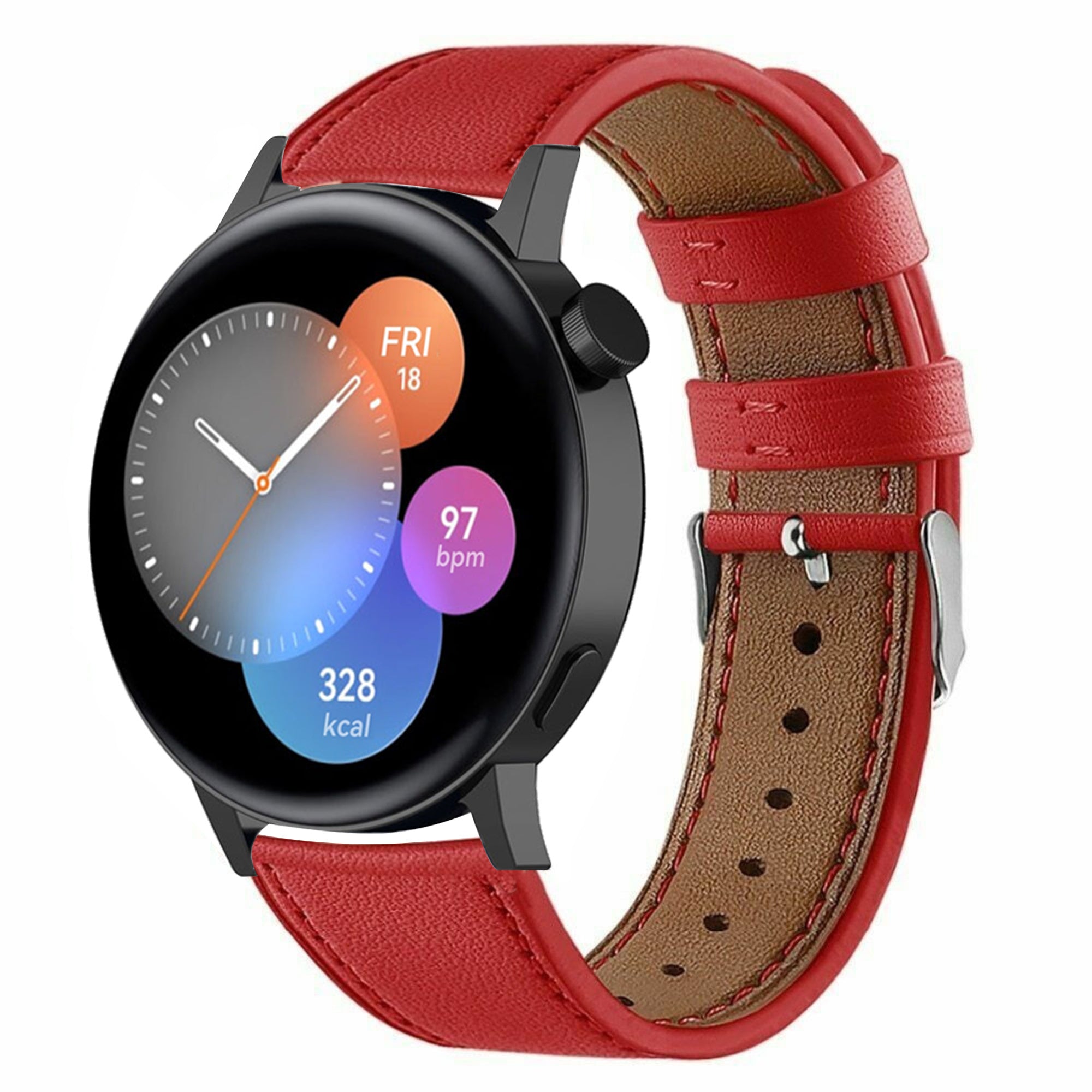 Modern Leather Strap, red, on a watch, 3/4 front view