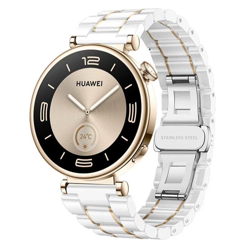 Metal Ceramic Strap, white/gold, on a watch, 3/4 front view