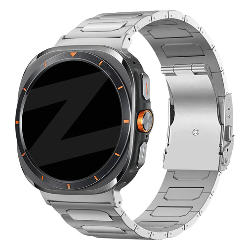 Titanium Strap 'Deluxe', silver, on a watch, 3/4 front view