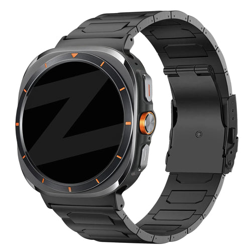 Titanium Strap 'Deluxe', black, on a watch, 3/4 front view