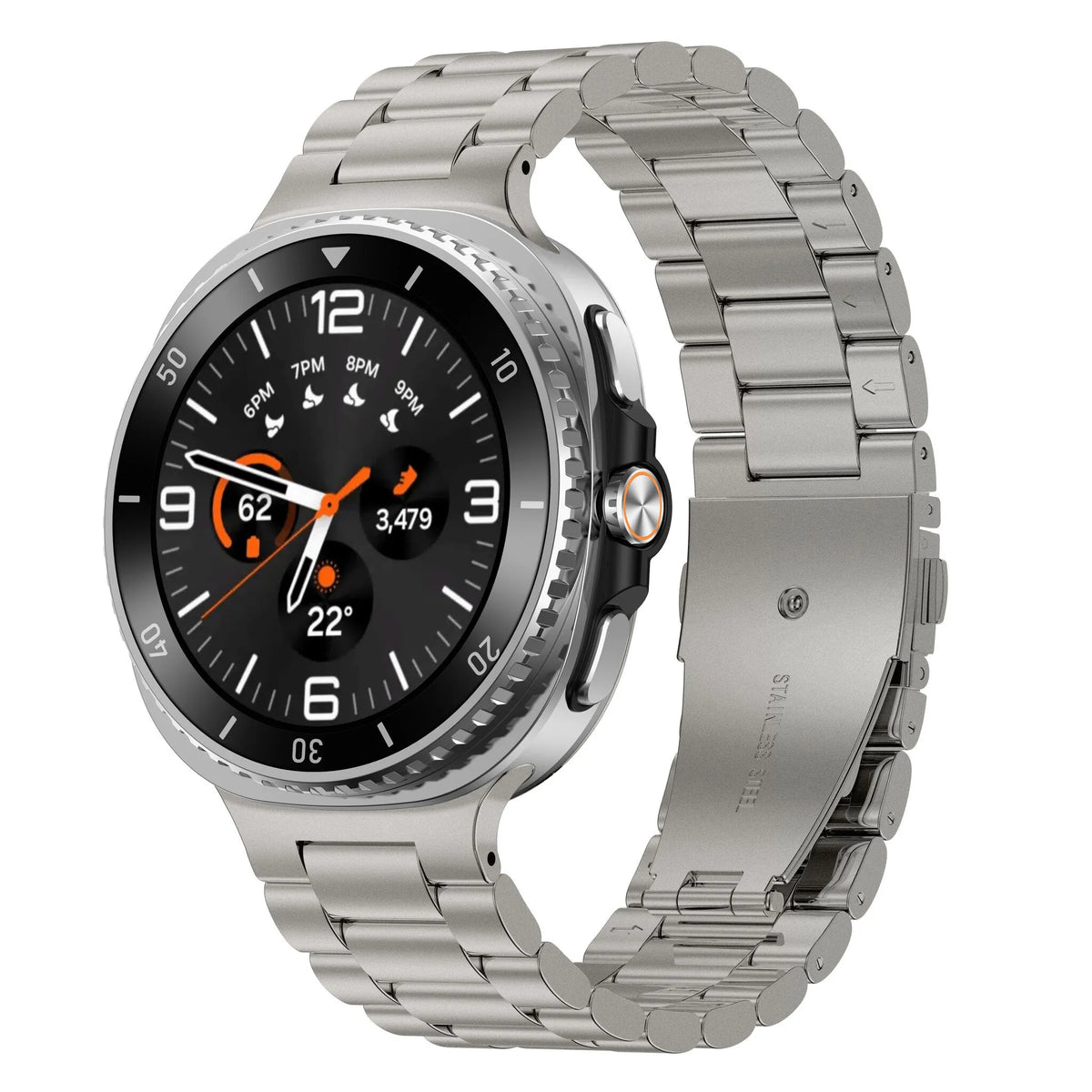 Steel Strap, titanium, on a watch, 3/4 front view