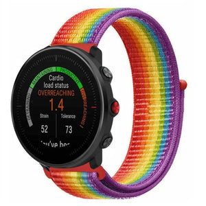 Nylon Strap, rainbow, on a watch, 3/4 front view