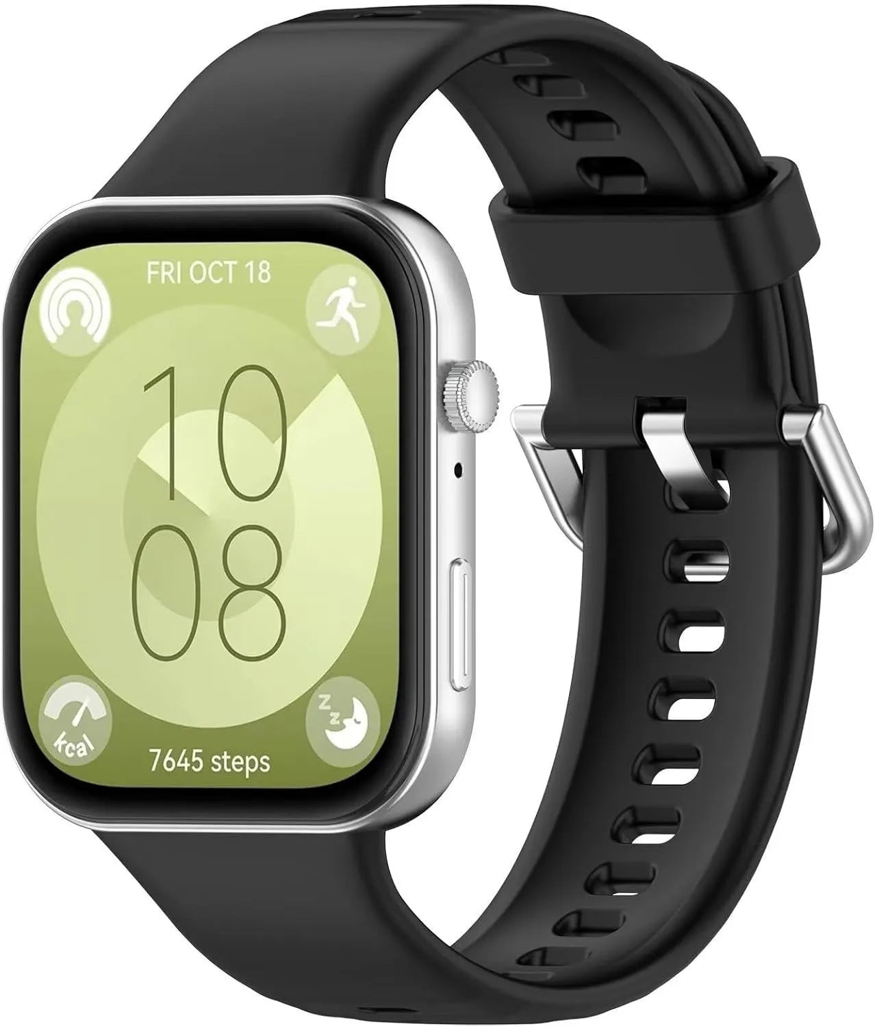 Silicone Strap, black, on a watch, 3/4 front view