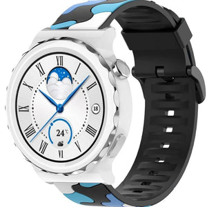 Silicone Camo Strap, blue, on a watch, 3/4 front view