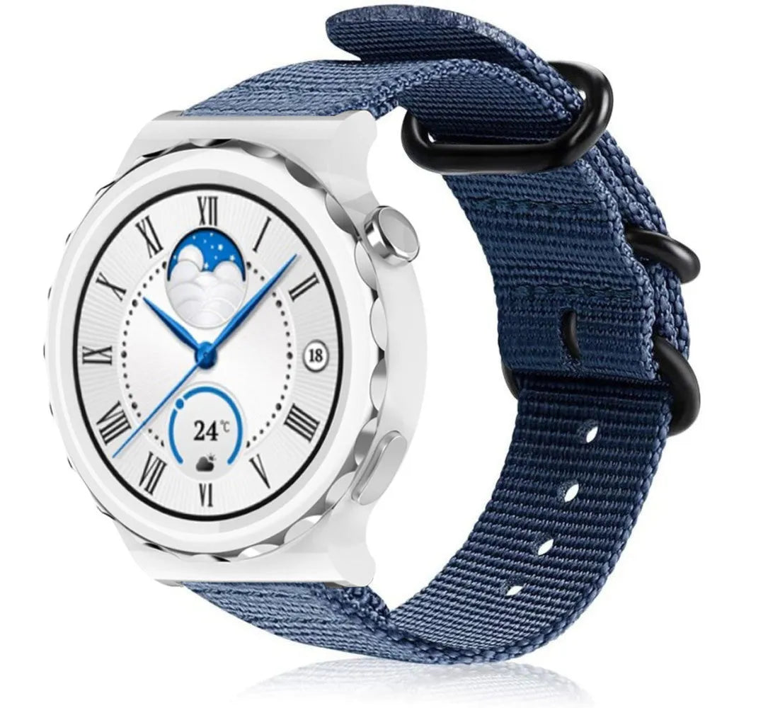 Nylon Buckle Strap, blue, on a watch, 3/4 front view