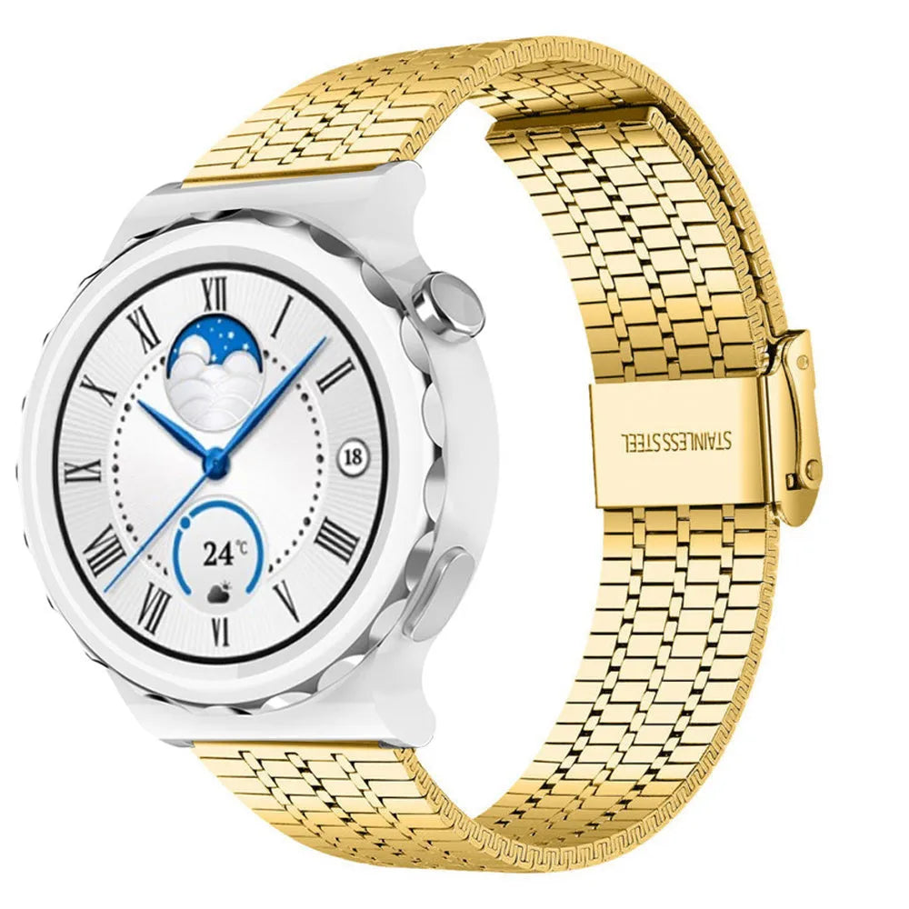 Fine Steel Strap, gold, on a watch, 3/4 front view