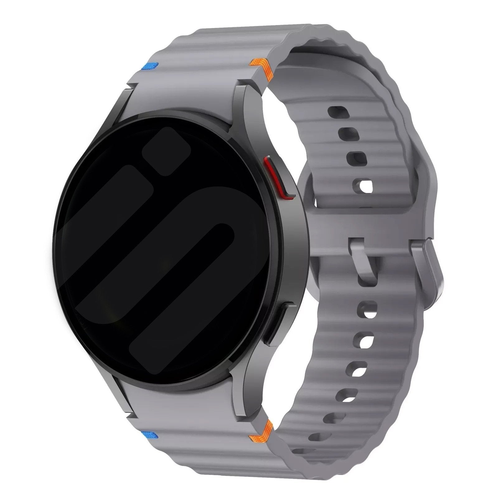 Wave Silicone Strap, dark grey, on a watch, 3/4 front view