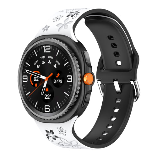 Samsung Galaxy Watch 8 - 44mm Silikonarmband mit Blumenmuster (Weiß/Schwarz)