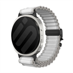 Outdoor Nylon Strap with P-Buckle, white with black, on a watch, 3/4 front view