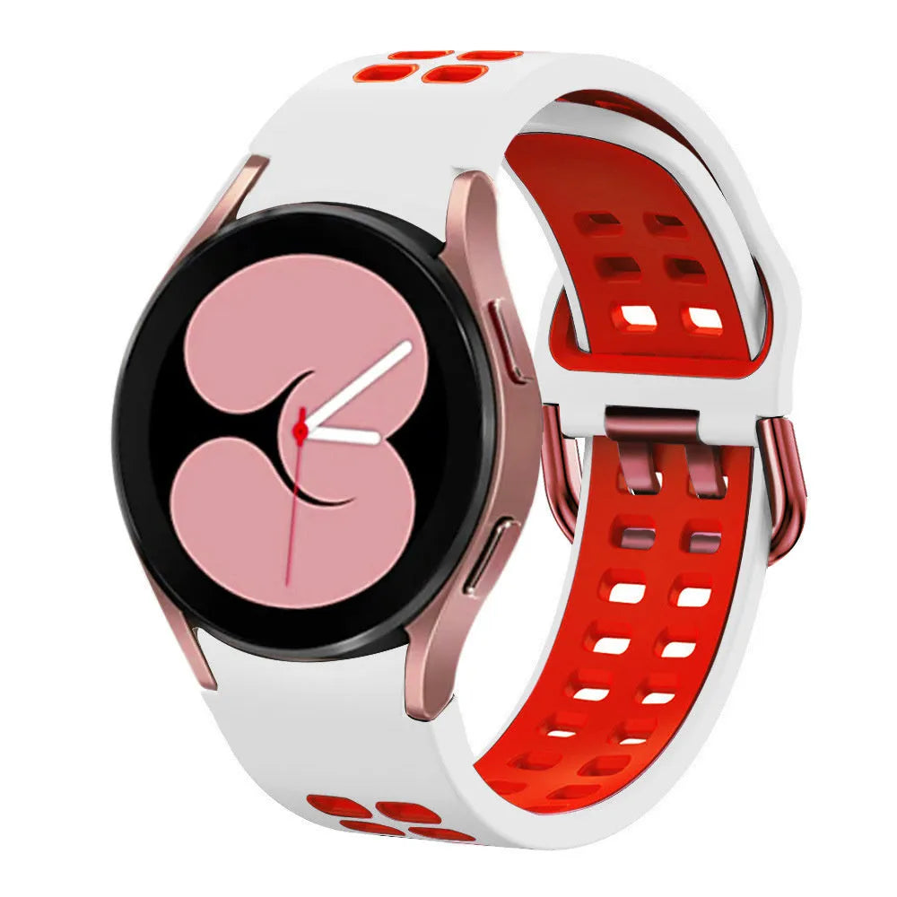 Silicone Squared Sport Strap, white/red, on a watch, 3/4 front view