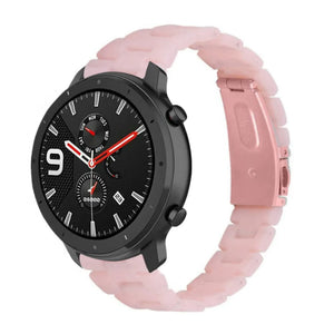 Metal Resin Strap, pink, on a watch, 3/4 front view
