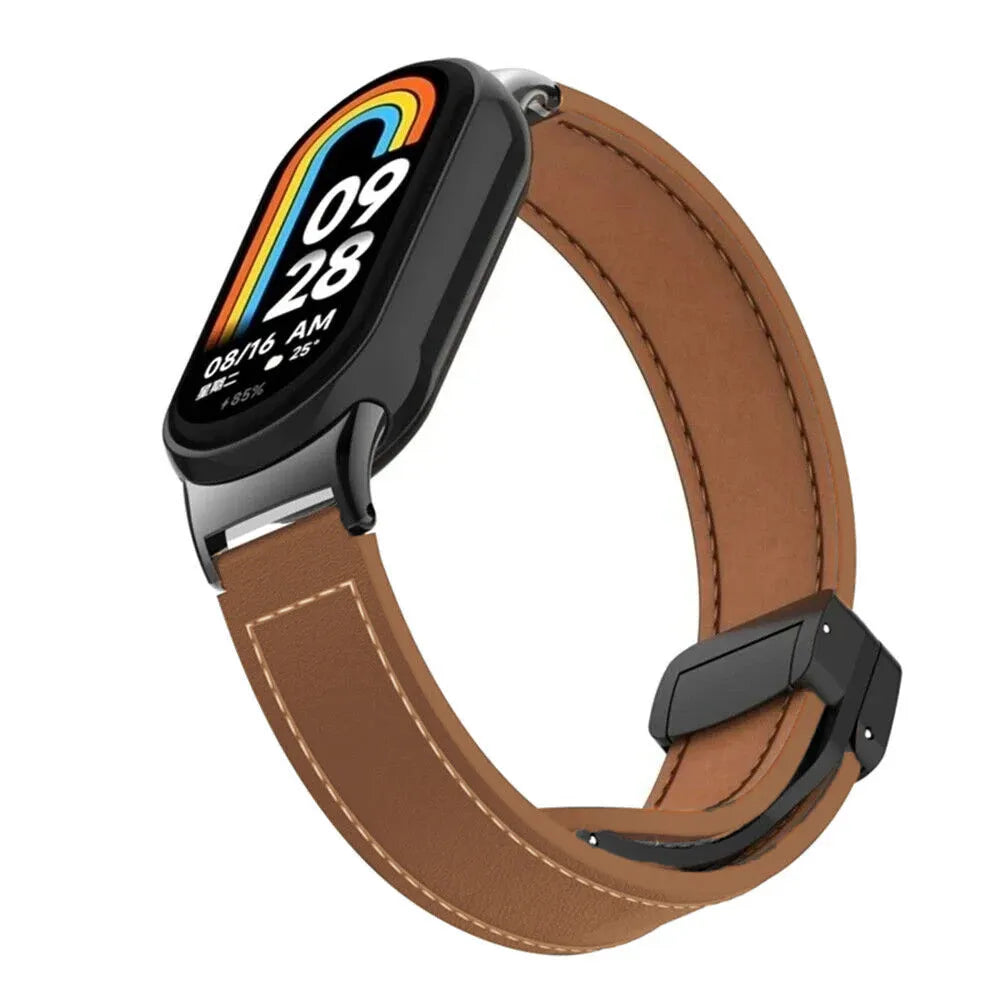 Leather D-Buckle Strap, brown, on a watch, 3/4 front view