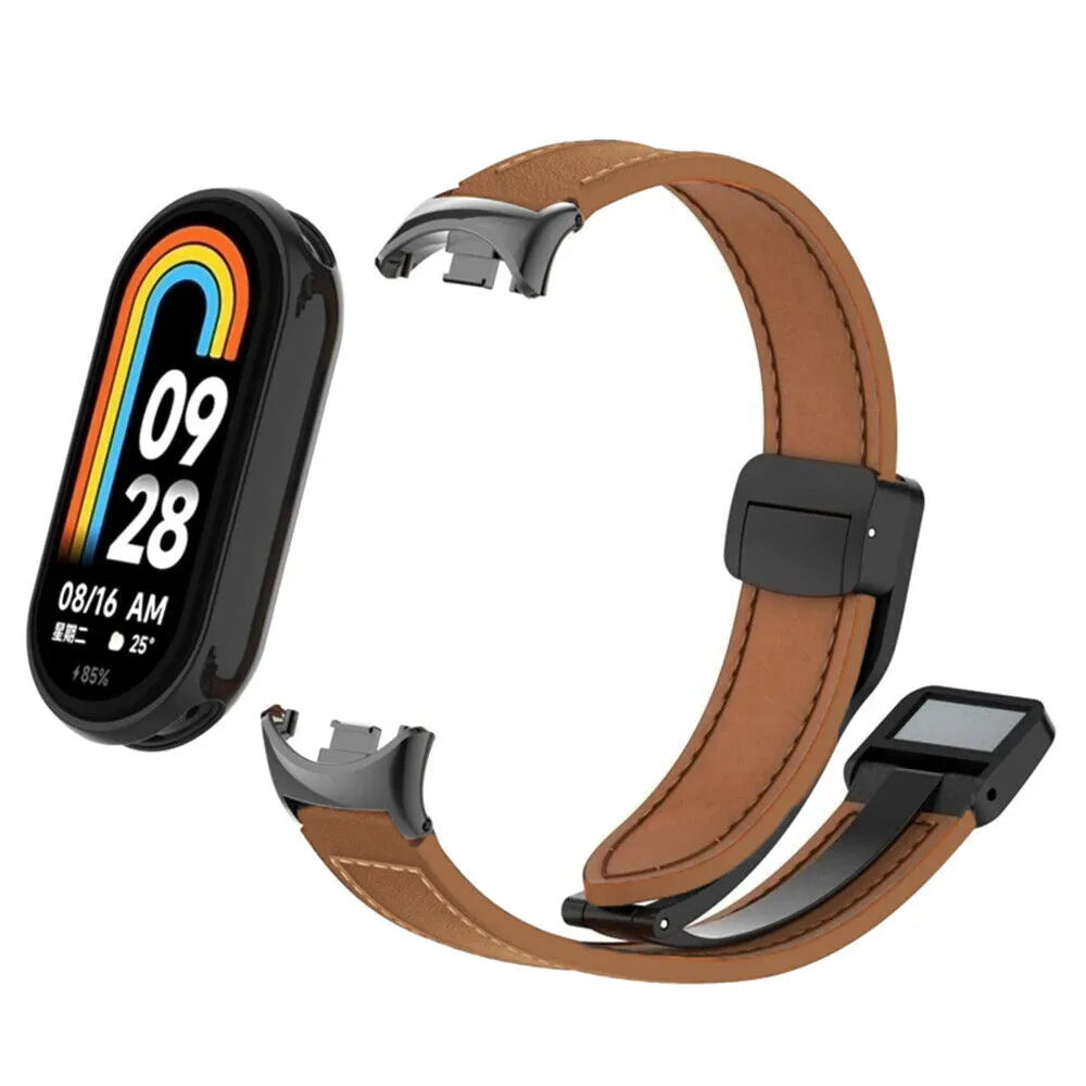 Leather D-Buckle Strap, brown, on a watch, 3/4 front view