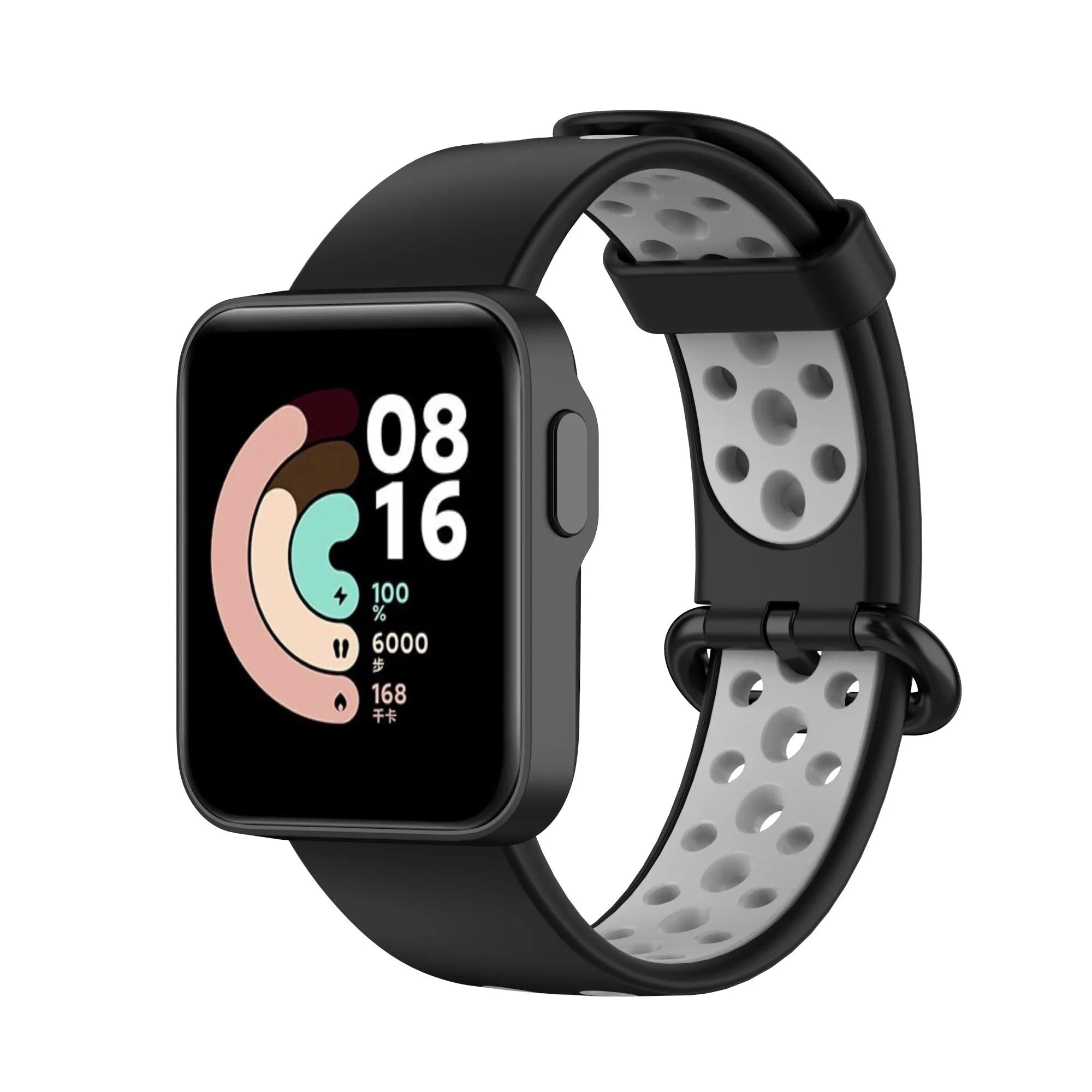 Silicone Sport Strap, black/grey, on a watch, 3/4 front view