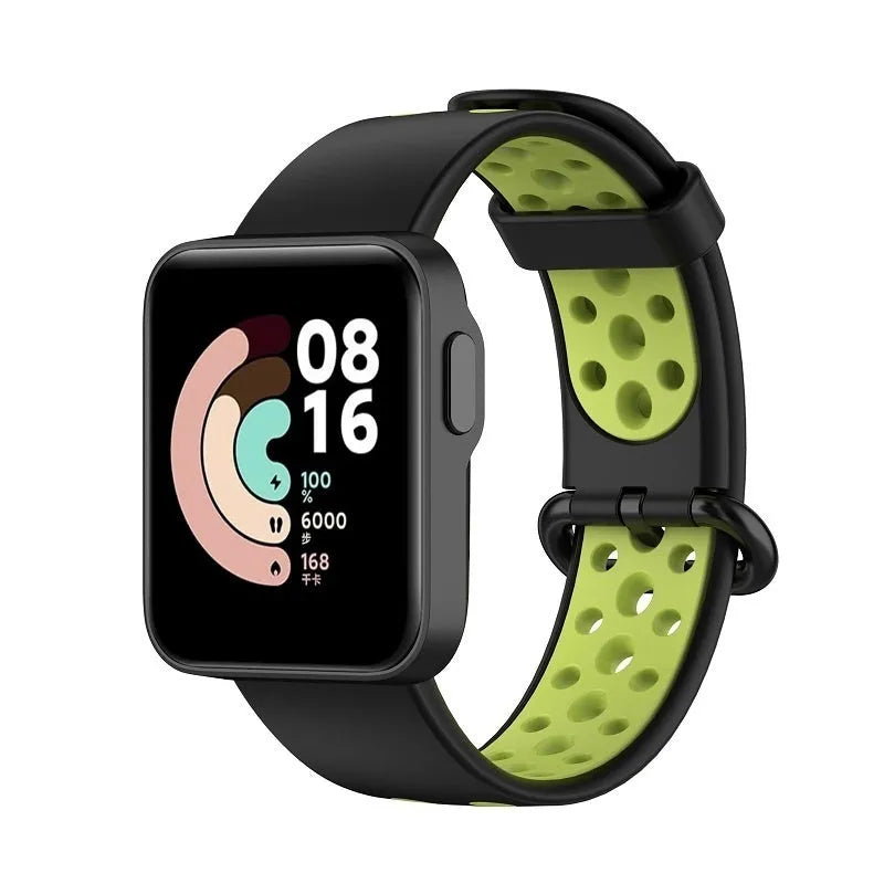Silicone Sport Strap, black/green, on a watch, 3/4 front view
