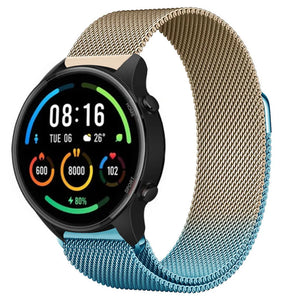 Milanese Strap, blue/gold, on a watch, 3/4 front view