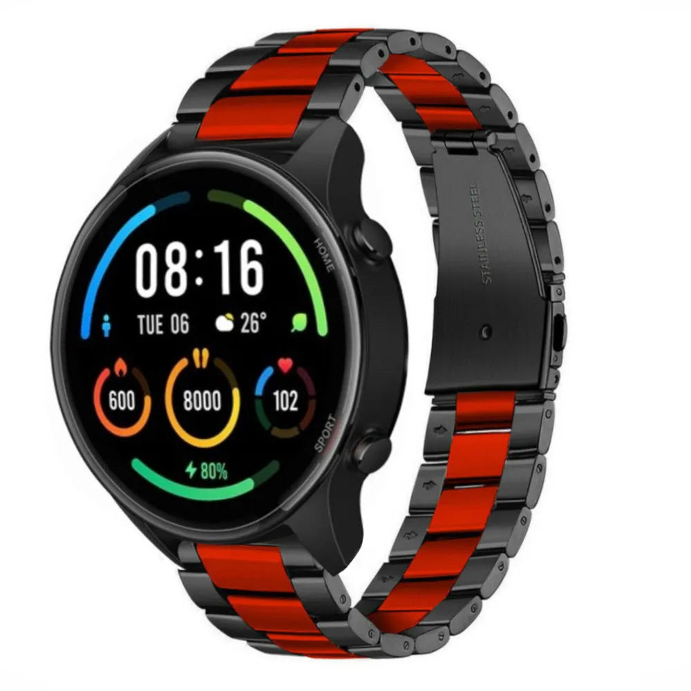 Steel Strap, black/red, on a watch, 3/4 front view