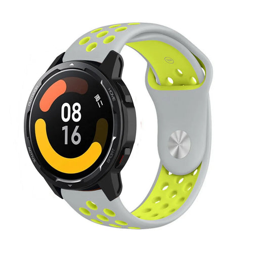 Silicone Sport Strap, grey/yellow, on a watch, 3/4 front view