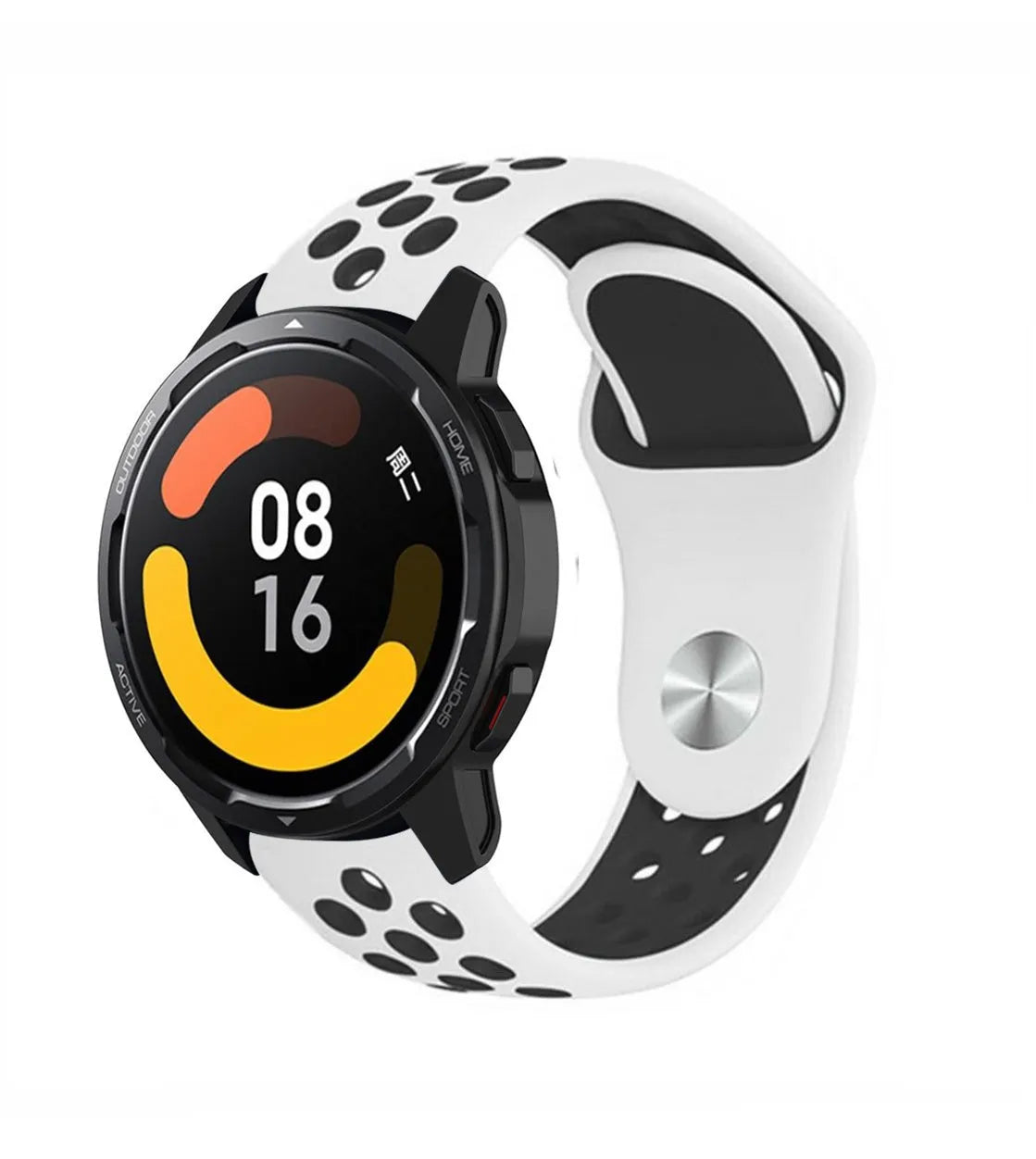 Silicone Sport Strap, white/black, on a watch, 3/4 front view