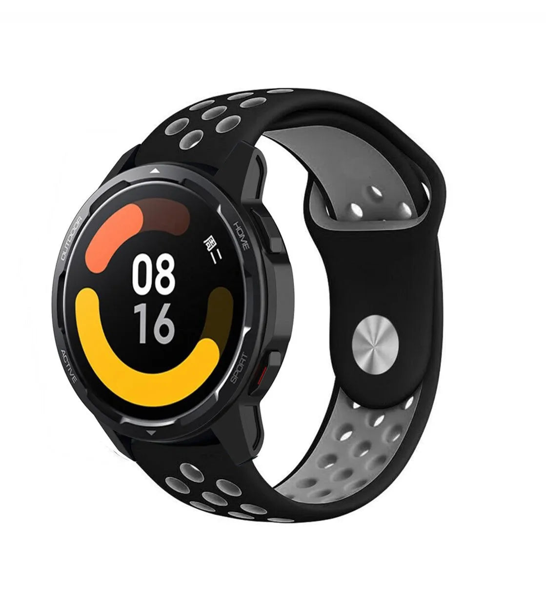 Silicone Sport Strap, black/grey, on a watch, 3/4 front view