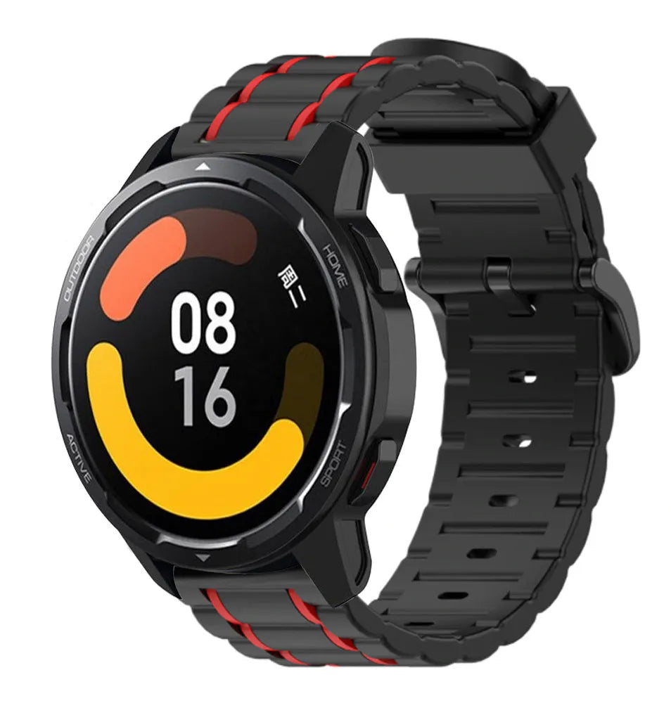Silicone Sport Strap with Buckle, black/red, on a watch, 3/4 front view