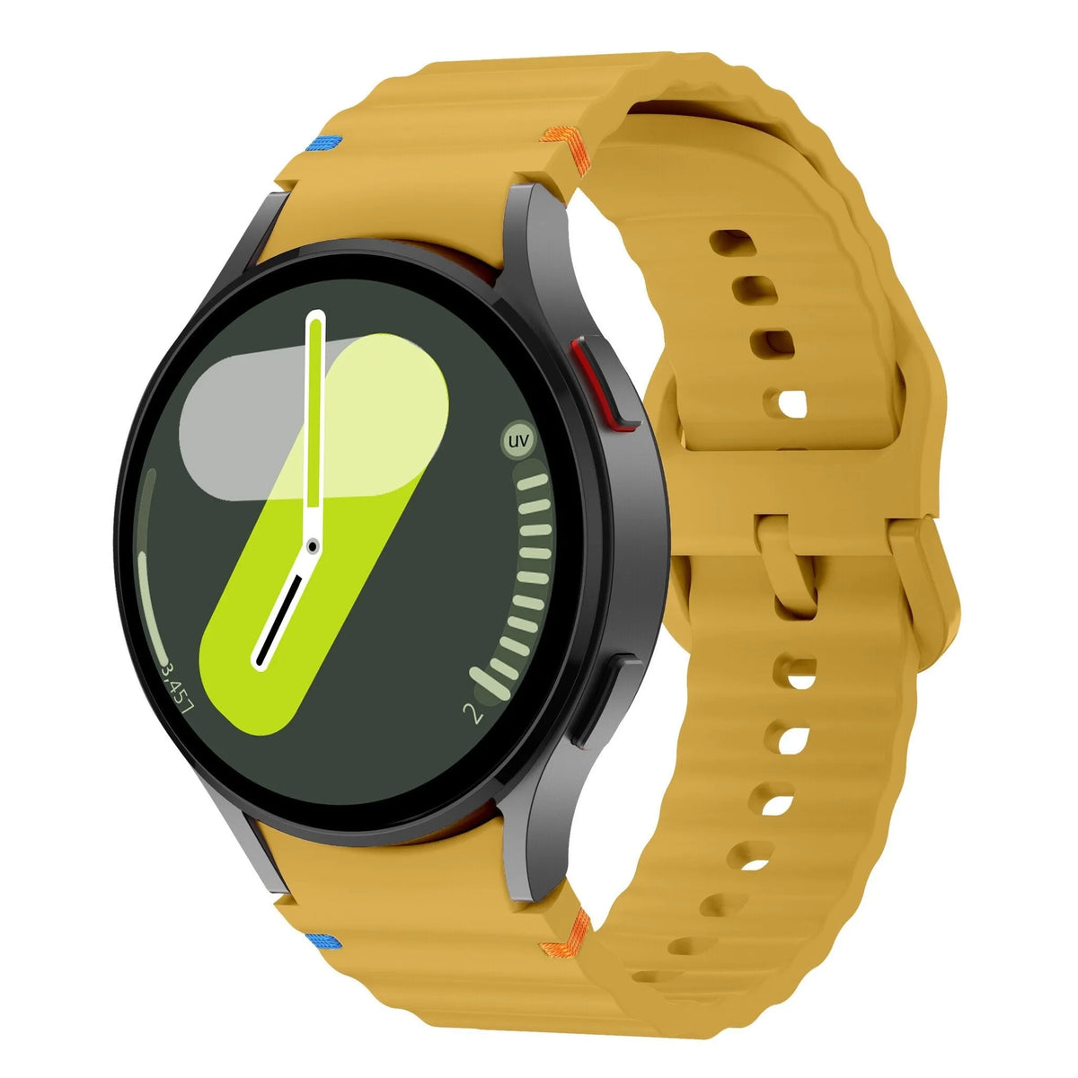 Wave Silicone Strap, yellow, on a watch, 3/4 front view