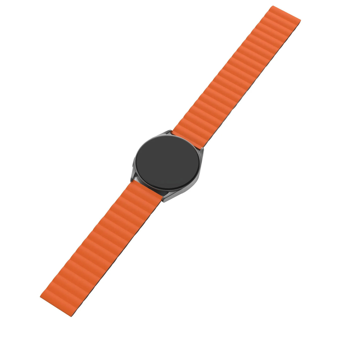Magnetic Silicone Strap, black/orange, on a watch, 3/4 front view